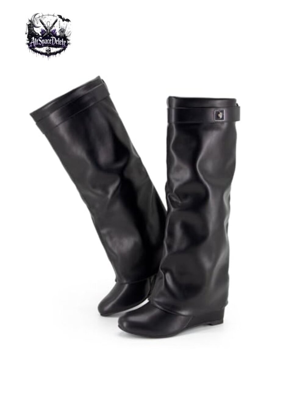 Fold Over Knee High Boots Women Wedge Heel Shark Boots PU Leather
